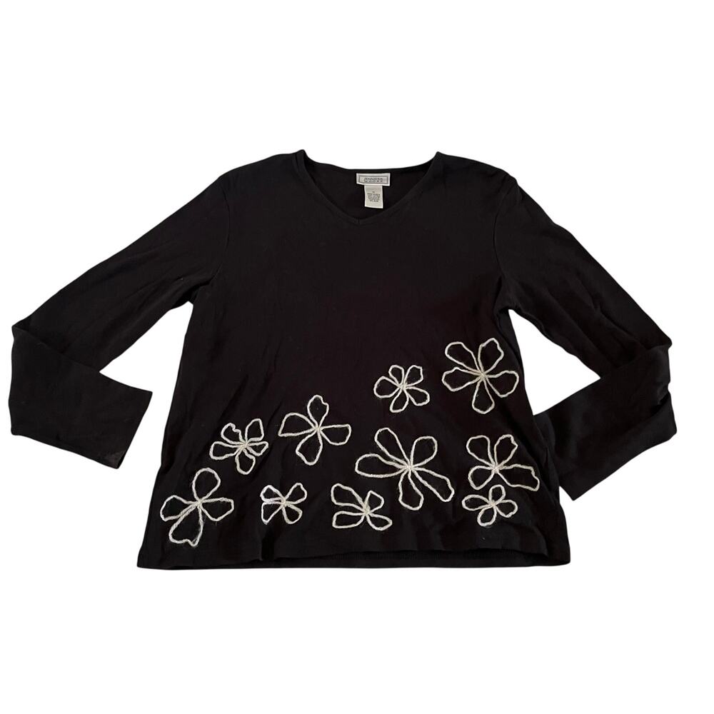 Y2K 2000s Black White Floral Embroidered Long Sleeve Top Sz M Whimsigoth Fairy